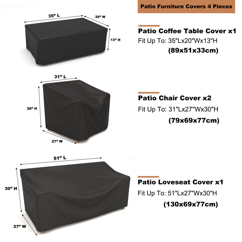 Housses pour meubles d'extérieur imperméables 4 pièces, H 30 po x l 51 po x P 27 po, Noir