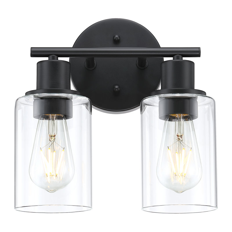 Berumen Bathroom Glass Vanity Light, Clear, 2 Lights, Matte Black