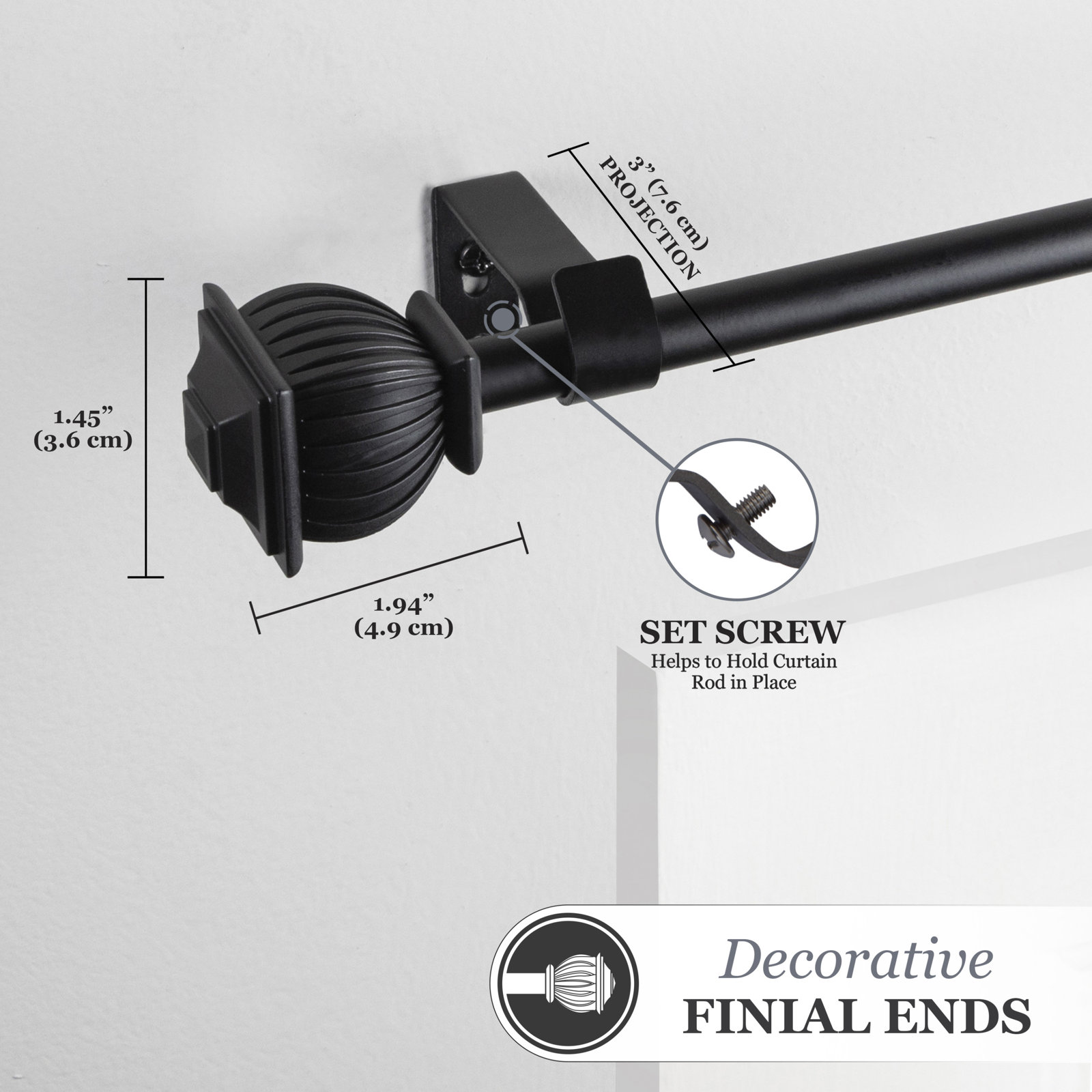 Berkley Kenney Beckett 5/8" Standard Decorative Window Curtain Rod, 28'' - 48'', Black