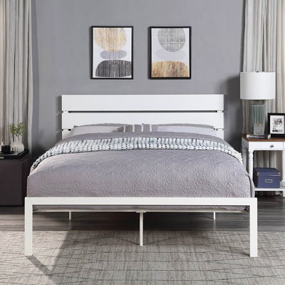 Contemporary White Metal Queen Bed With Durable Frame And Stylish Headboard For Modern Bedrooms