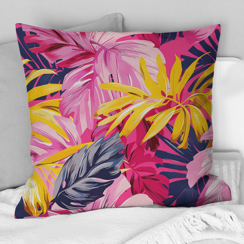 Coussin décoratif à motif de feuilles tropicales roses et jaunes I, H 16 po x l 16 po