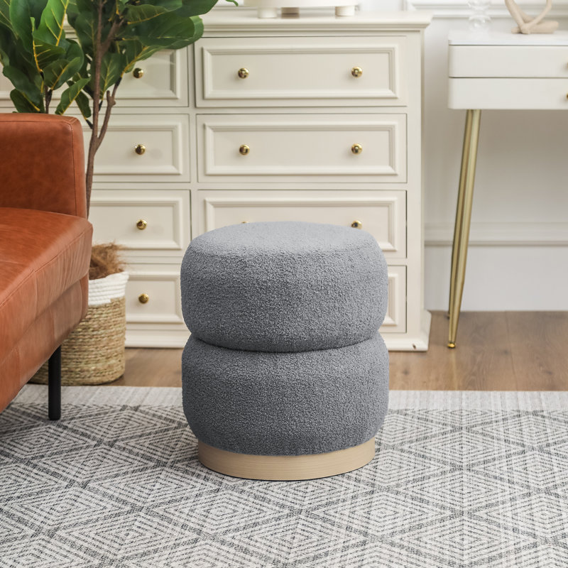 Round Upholstered Ottoman Stool, Gray Teddy