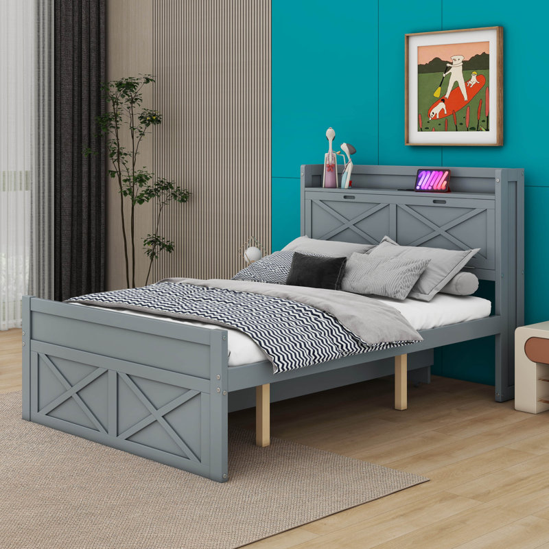 Lit en bois avec tête de lit avec prises Elydia, Double, Gris