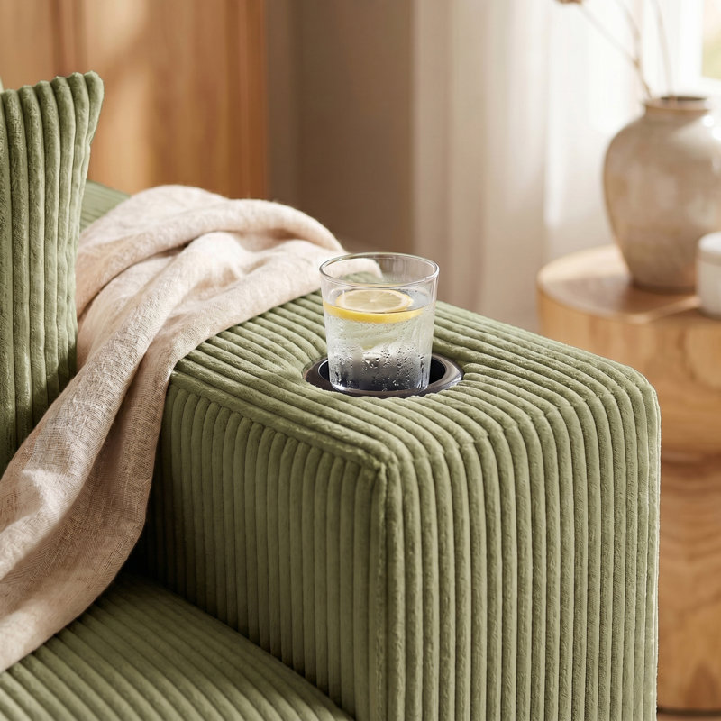 Canapé modulaire rembourré en velours côtelé avec méridienne, porte-gobelets et ports de charge USB Mirelle, Green