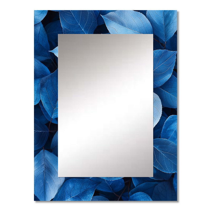 Midnight Blue Leaves Tranquility III - décor de miroir mural unique de feuilles, grand miroir traditionnel, impression d'art en métal