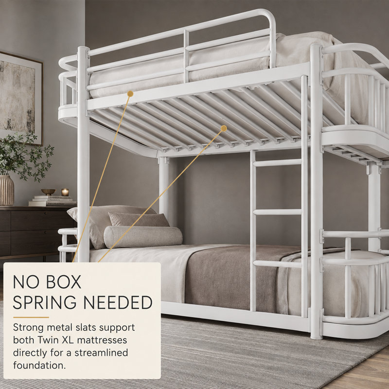 Lit superposé en métal Sheneza Twin XL Over Twin XL avec barrières de sécurité pleine longueur, échelle intégrée et lattes de support de matelas