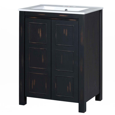 Petit ensemble de meuble-lavabo de style rétro 24 po avec lavabo en céramique, 2 portes à fermeture en douceur