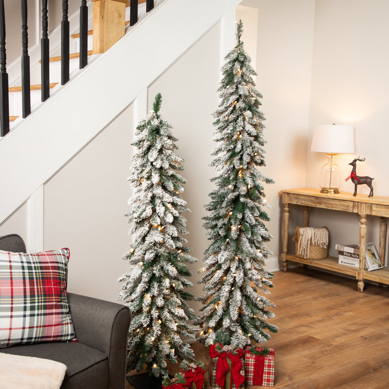 Arbre de Noël artificiel alpin floqué pré-éclairé au crayon - lumières claires, 5'