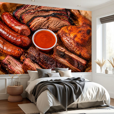 Papier peint adhésif à peler et à coller de la table de barbecue Étal de bœuf, poitrine de poulet, côtes de bœuf, bœuf, papier autocollant amovible, décoration murale pour le salon, chambre H 69 po x l 96 po