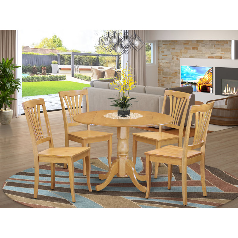 Oak Finish Round Drop Leaf Dining Set with 4 Chairs