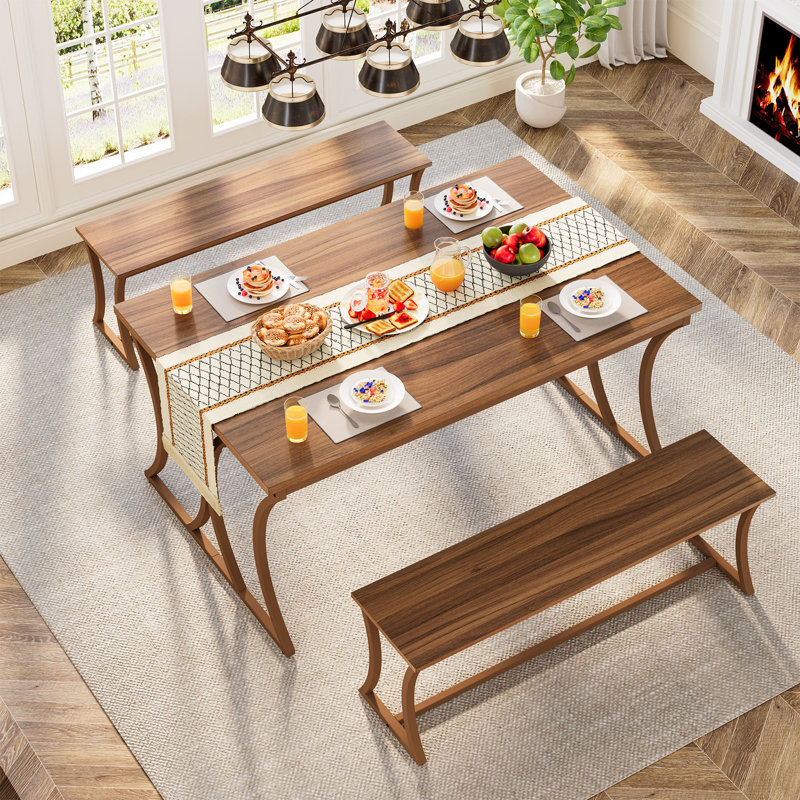 Pandeli 51-Inch Dining Table Set with 2 Benches and Table Runner for 4-6 People