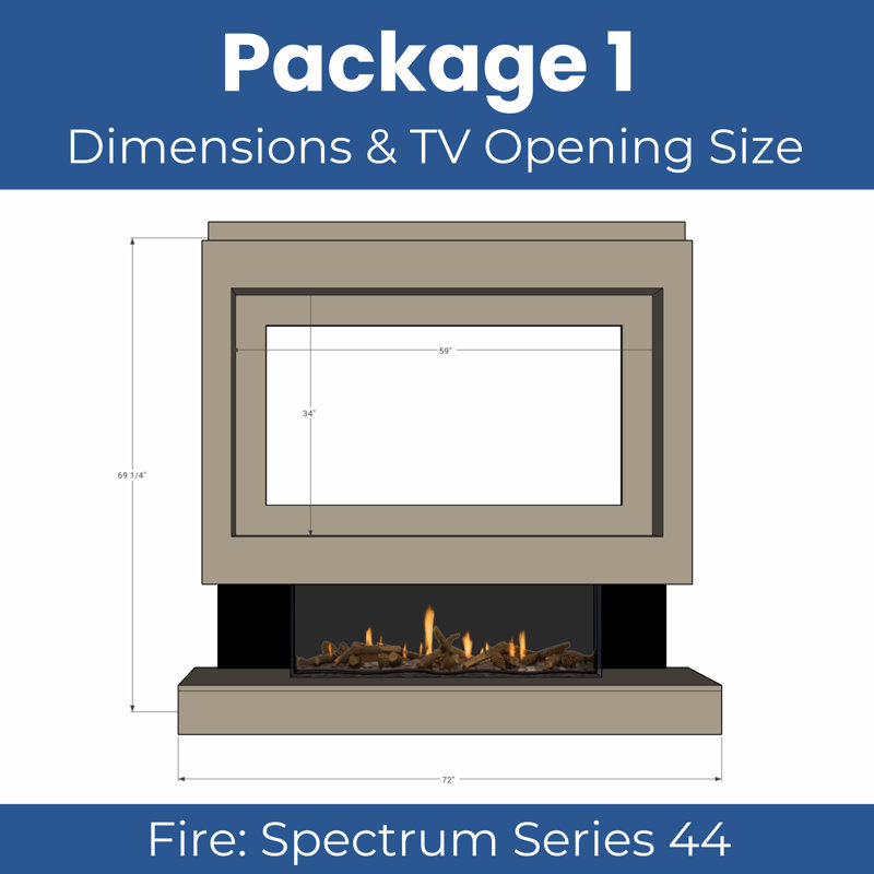 Evolution Fires Pre-Built Media Wall Package 1, finished in textured Venetian Plaster, includes Spectrum Series 44 Series 3-Sided Electric Fireplace