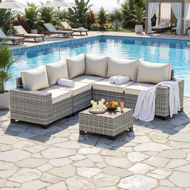 5-Person Outdoor Sectional Sofa Set With All-Weather HDPE Rattan, Cushions, And Wide Armrests, Beige