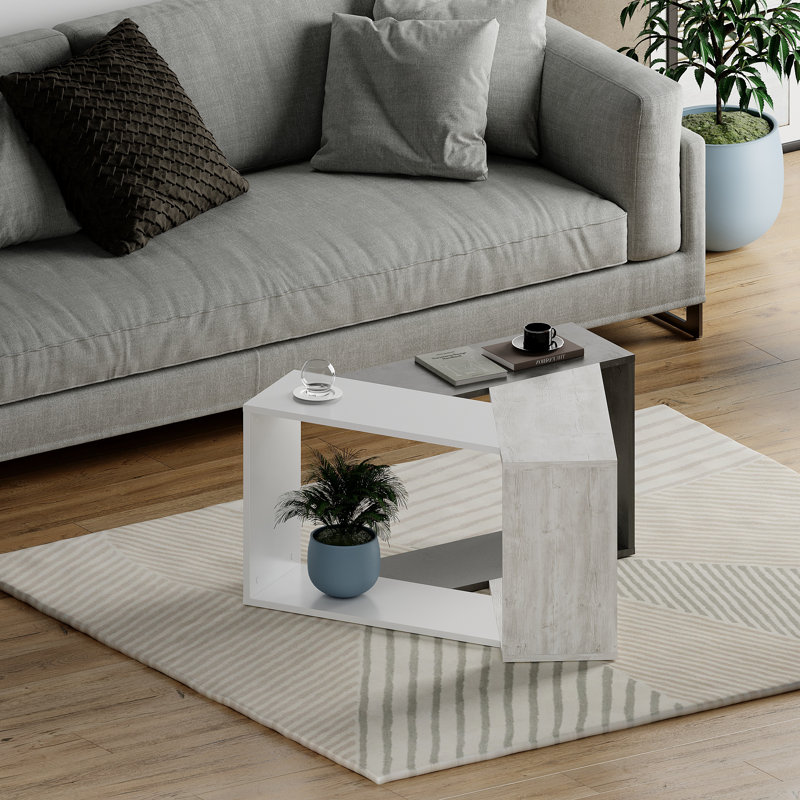 Table basse géométrique moderne avec tablette ouverte et design angulaire, Blanc / gris rétro / blanc antique