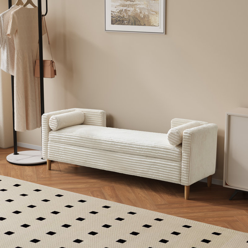 65.4" W Modern Storage Ottoman Bench With Armrests And Bolster Pillows, Ivory