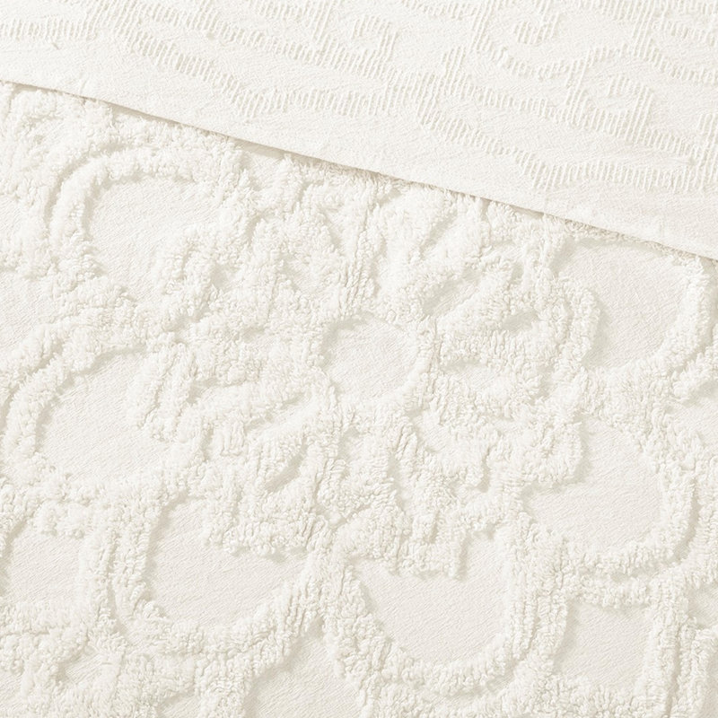 Couvre-lit à médaillon en coton chenille, Couvre-lit très grand et 2 taies de très grande , Blanc cassé