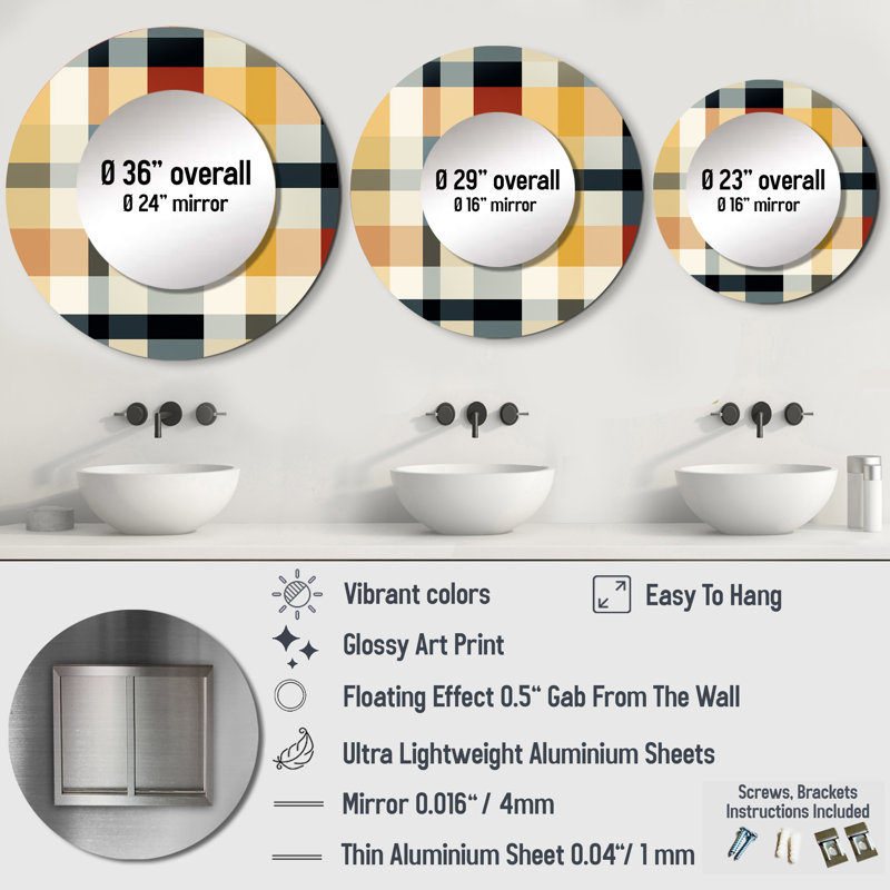 Rubyann Black And Cream Plaid Sophistication - Plaid  Decorative Wall Mirror, Cream Round Mirror, Printed Metal Art