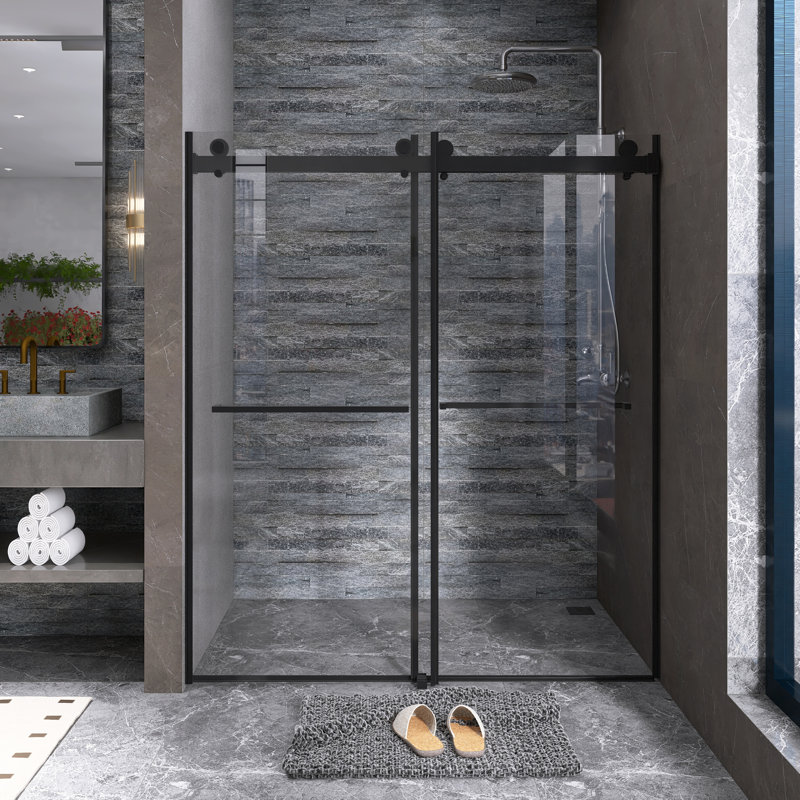 60 po X P 76 po H Double porte de douche coulissante sans cadre, Noir mat