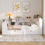 Lit plateforme simple avec tablettes de rangement, tiroirs, station de charge, lumières DEL, bureau intégré et tête de lit tapissier, coussin blanc et beige-731252353-731252352