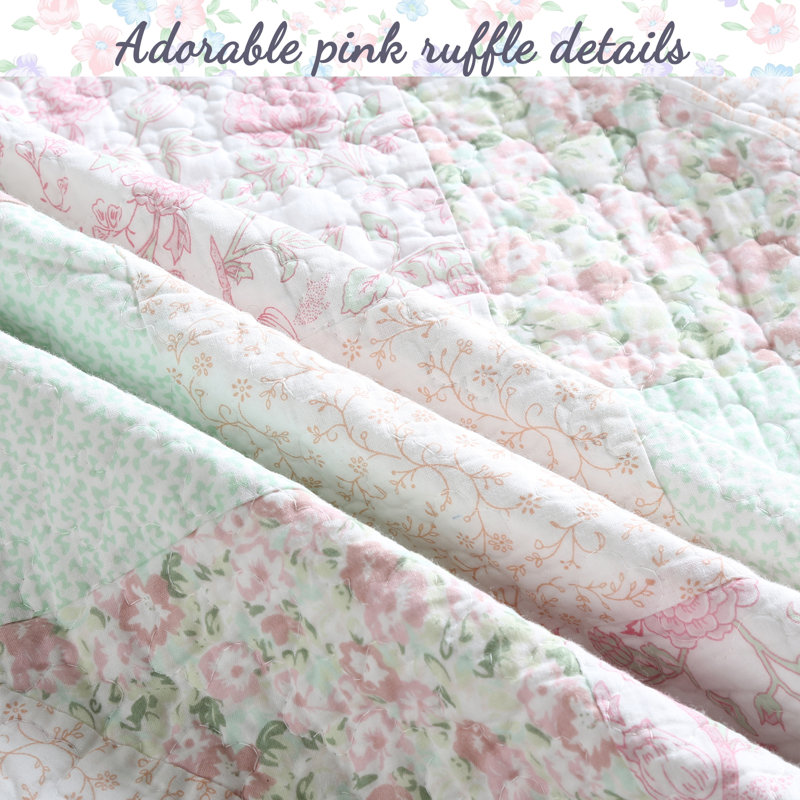 Pink Floral Cotton Reversible Queen Quilt Set