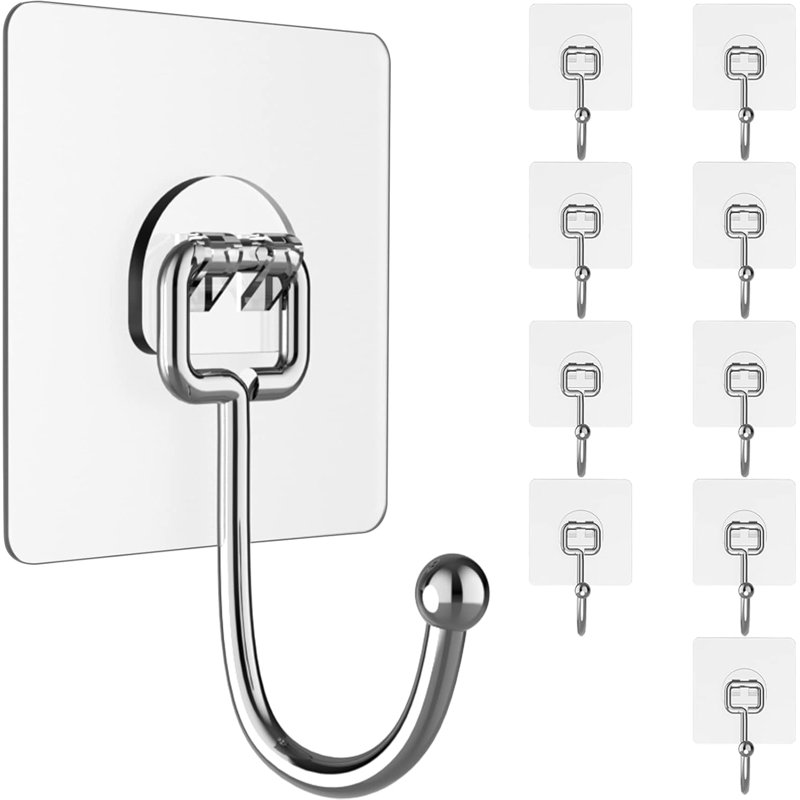 Grands crochets pour accrocher des paquets de 44 lb (Max) robustes, 10 crochets muraux sans clous, auto-adhésifs, transparents et amovibles, imperméables et antirouille pour la salle de bain