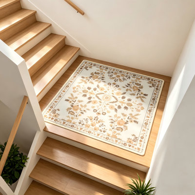 Tapis d'atterrissage pour escalier, tapis d'escalier 30 x 30 pour l'intérieur | Tapis antidérapant, lavable, pour marches en bois, motif floral, tapis d'escalier pour animaux de compagnie, brun