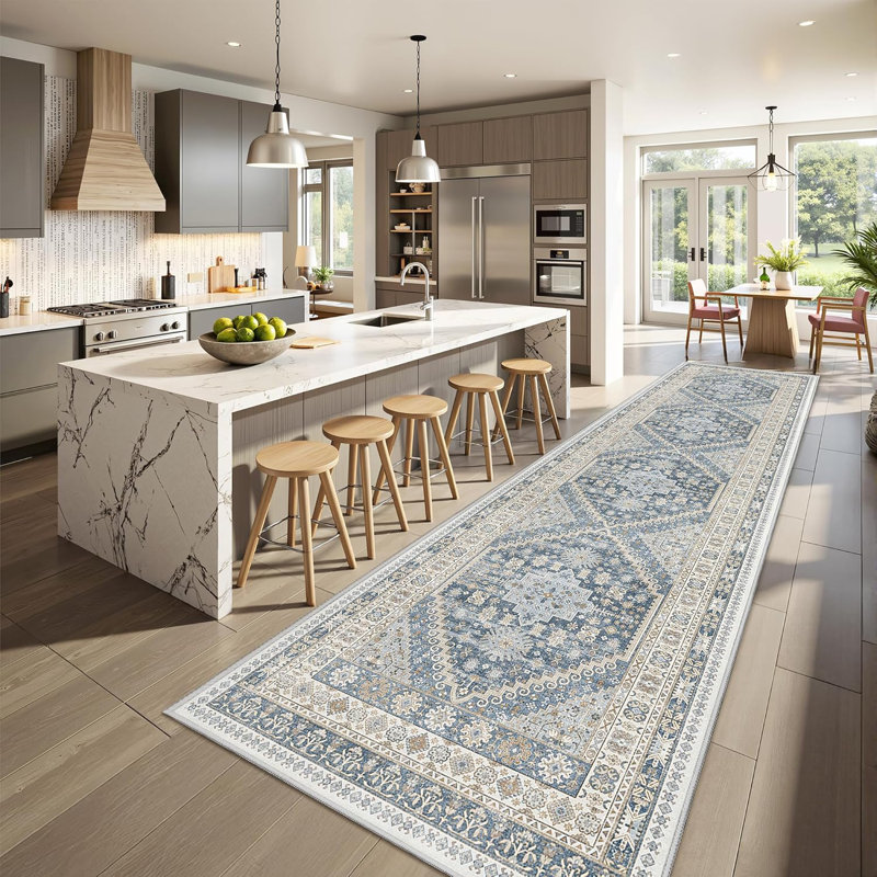 Kitchen Runner Rug Non Slip Washable, 2' x 10' (Runner), Blue/Beige