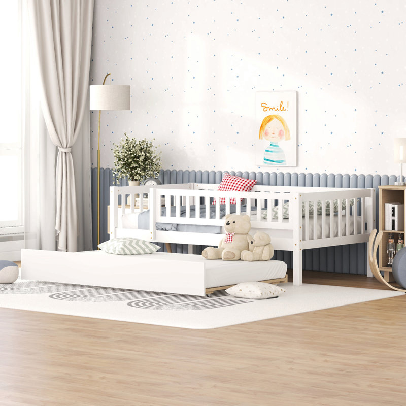 Wood Daybed With Trundle And Fence Guardrails, Twin, White