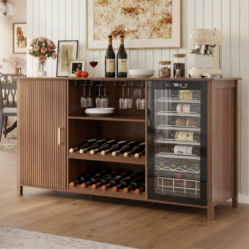 70" Wine Bar Cabinet with Fluted Texture, Modern Coffee Cabinet with Wine Rack&Glass Holder, White Kitchen Buffet Sideboard, Freestanding Liquor Cabinet for Dining Room Living Room