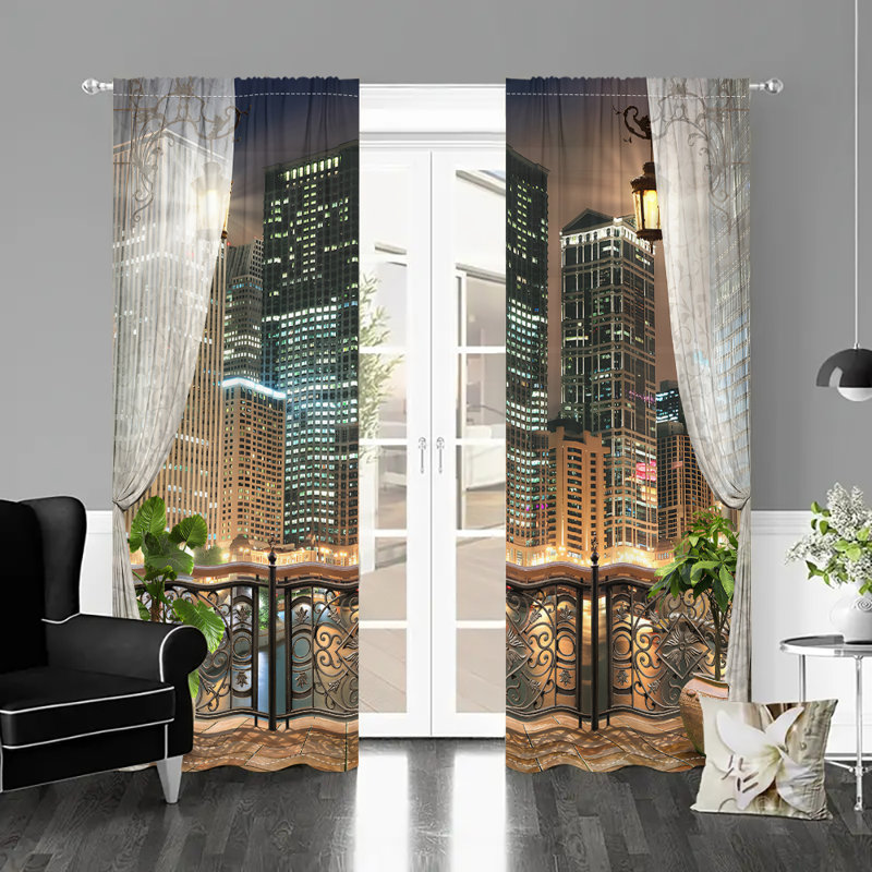 2Pcs City Skyline Window Curtains Modern Urban Landscape Night View Sheer Drapes Balcony Cityscape Pattern Rod Pocket for Living Room Bedroom Dining Home Office Decor