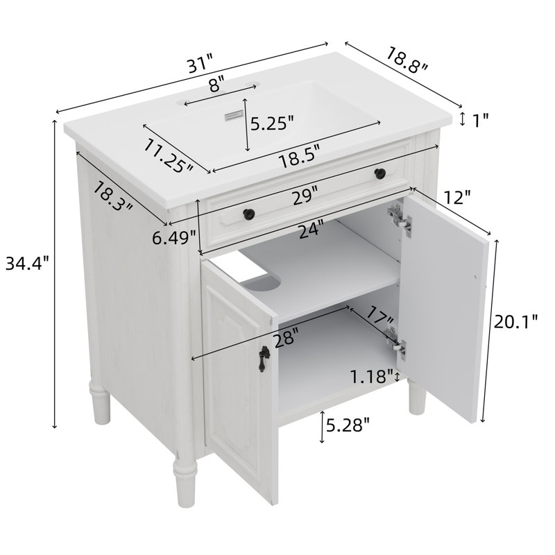 Meuble-lavabo blanc 31 po avec portes à fermeture en douceur, tablettes réglables et faux tiroir pour un rangement confortable et fonctionnel de 31 po