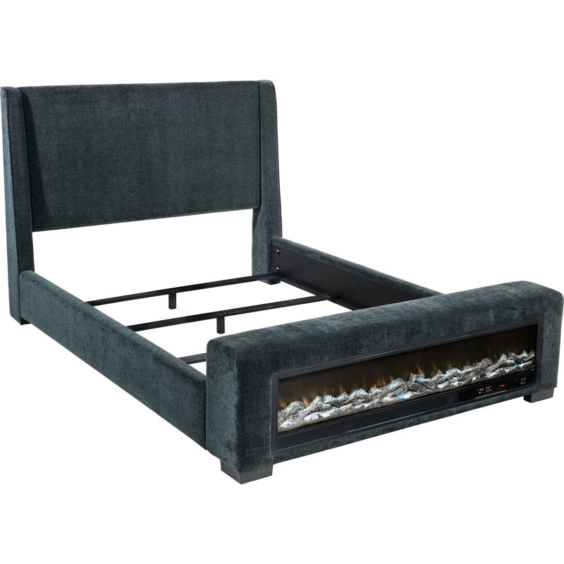 Dark Blue Upholstered Queen Panel Bed Featuring Enchanting Wingback Style, Flame Box In With 13 Color Gradients, Wireless Remote For Audio And Brightness Tuning Modern Distinct Colors,