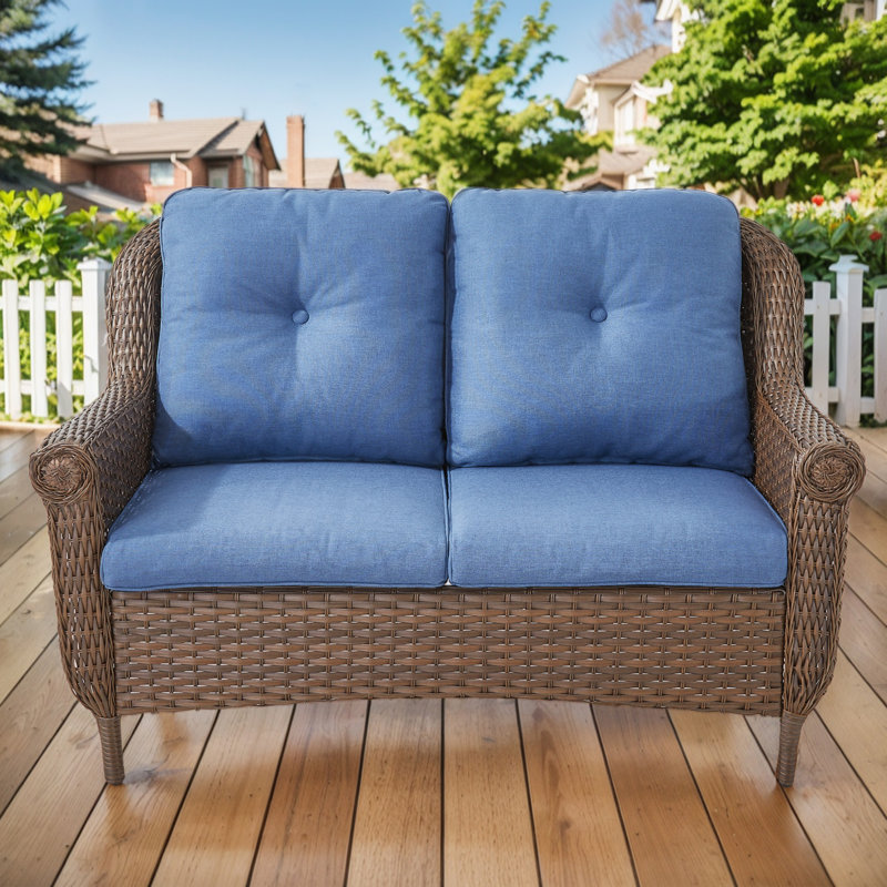 Mindee 45" Wide Outdoor Wicker Loveseat With Cushions, Blue