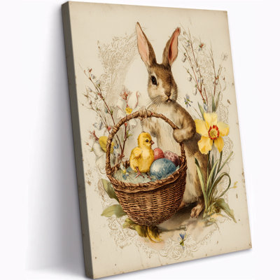  Easter Bunny Pictures Wall Art, Charming Vintage Style Rabbit Canvas Artwork Spring Photography, Graceful Decorative Farmhouse Painting Floral Bunny Portrait Print Artwork, 12x16 inches