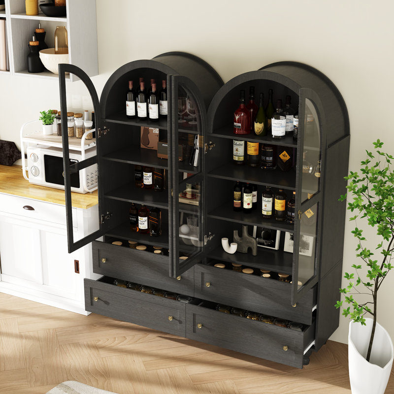 Armoire de rangement pour garde-manger 71 po avec bibliothèques, portes vitrées et 4 tiroirs (ensemble de 2), Noir