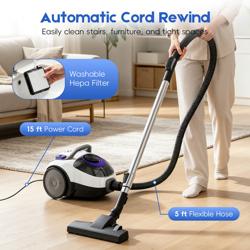 Aspirateur vertical sans sac WHALL 1400 W, aspiration puissante de 30 kPa, filtration HEPA en 5 étapes pour tapis et sols durs