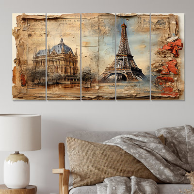 Paris Nostalgia Vintage Collage - City Paris Canvas Print - 5 Equal Panels