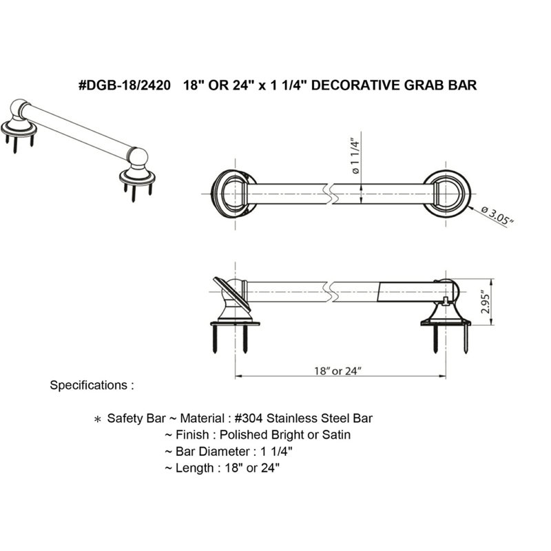 Grab Bar, 24" W, Satin Nickel