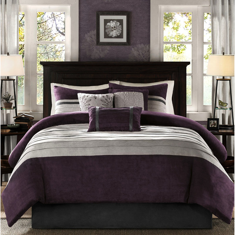 Queen Purple Faux Suede Comforter 7pc - , Soft Texture, Decorative Accents, Machine Wash 7 Piece For Bed Comfort, , Embroidered Pillows, Washable