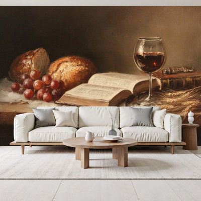 Peel and Stick Wallpaper Rustic Wine Still Life Vintage Christian Country Bread Grapes Wine Wall Murals 69"H x 96"W Removable PVC Wall Paper Self-Adhesive Wall Decor for Bedroom Living Room Home Office