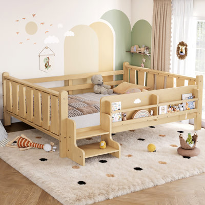 Lit double à plancher double avec bibliothèque intégrée et marches, lit plateforme naturel pour enfants avec garde-corps