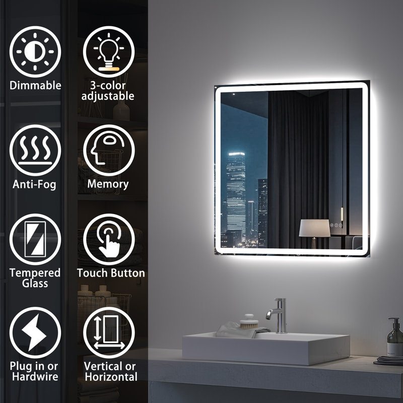 Modern LED ETL Certified Frameless Font&Backlit Anti-Fog Dimmable 3-Color Rectangular Vanity Mirror For Bathroom, 30" x 30"
