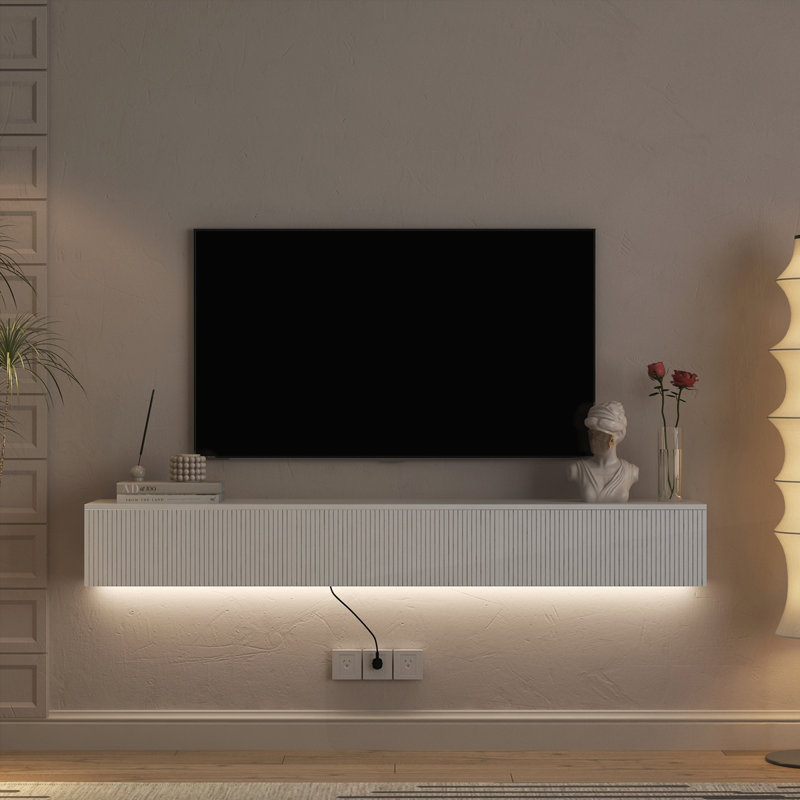 Meuble télé flottant fixé au mur avec 16 DEL de couleur, Blanc