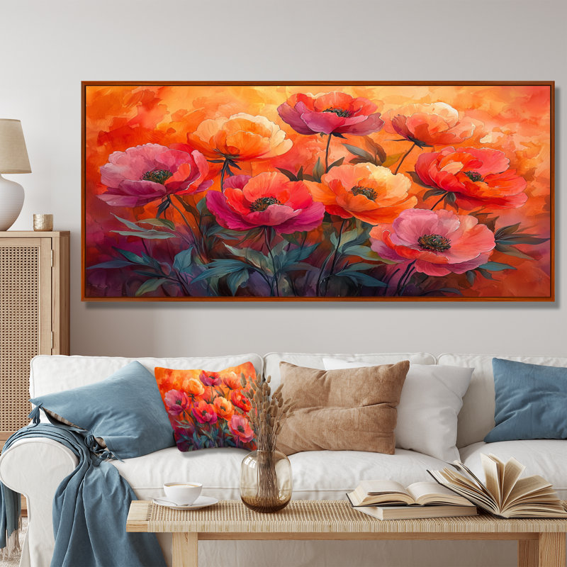 Radiance au coucher du soleil, pivoines, fleurs II - pivoines, art mural, H 28 po x l 60 po, Cadre flottant brun