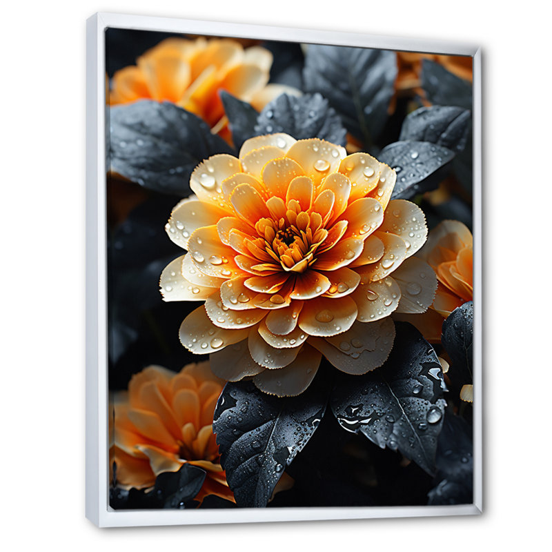 Volrad - champ de fleurs de corail, souci doré - impression, H 20 po x l 12 po x P 1 po, Cadre flottant blanc