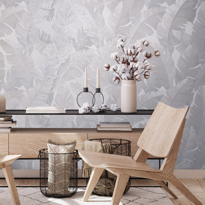 The New Design Book Industrial Effects Industrial Effects Palm Leaf Wallpaper Roll 10.05m x 53cm, Grey