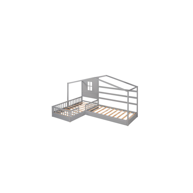 Wood House Bed Twin Size, 2 Twin Solid Bed L Structure With Fence And Slatted Frame, Grey, Grey