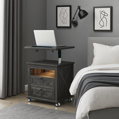 Table de chevet moderne minimaliste avec roulettes verrouillables, 2 tiroirs de rangement et port USB.