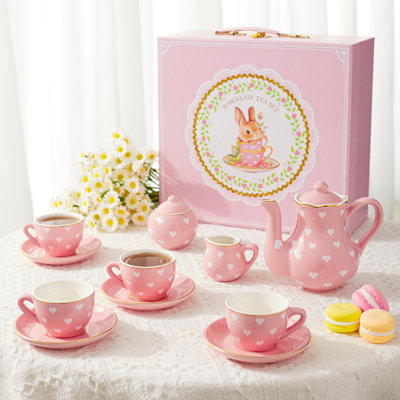 Service à thé pour petites filles de 3 à 8 ans, service à thé en porcelaine rose avec bordures dorées, jouet Princess Tea Time avec pot, tasses, soucoupes et valise, cadeaux d'anniversaire
