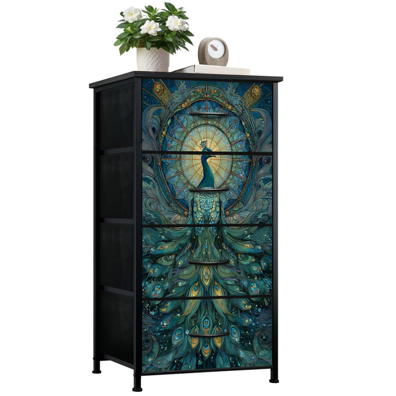 Commode de style vitrail pour la chambre à coucher avec 4 tiroirs de rangement Vitrail teinté bleu paon Commodes de commode en acier avec cadre en acier pour vestibule